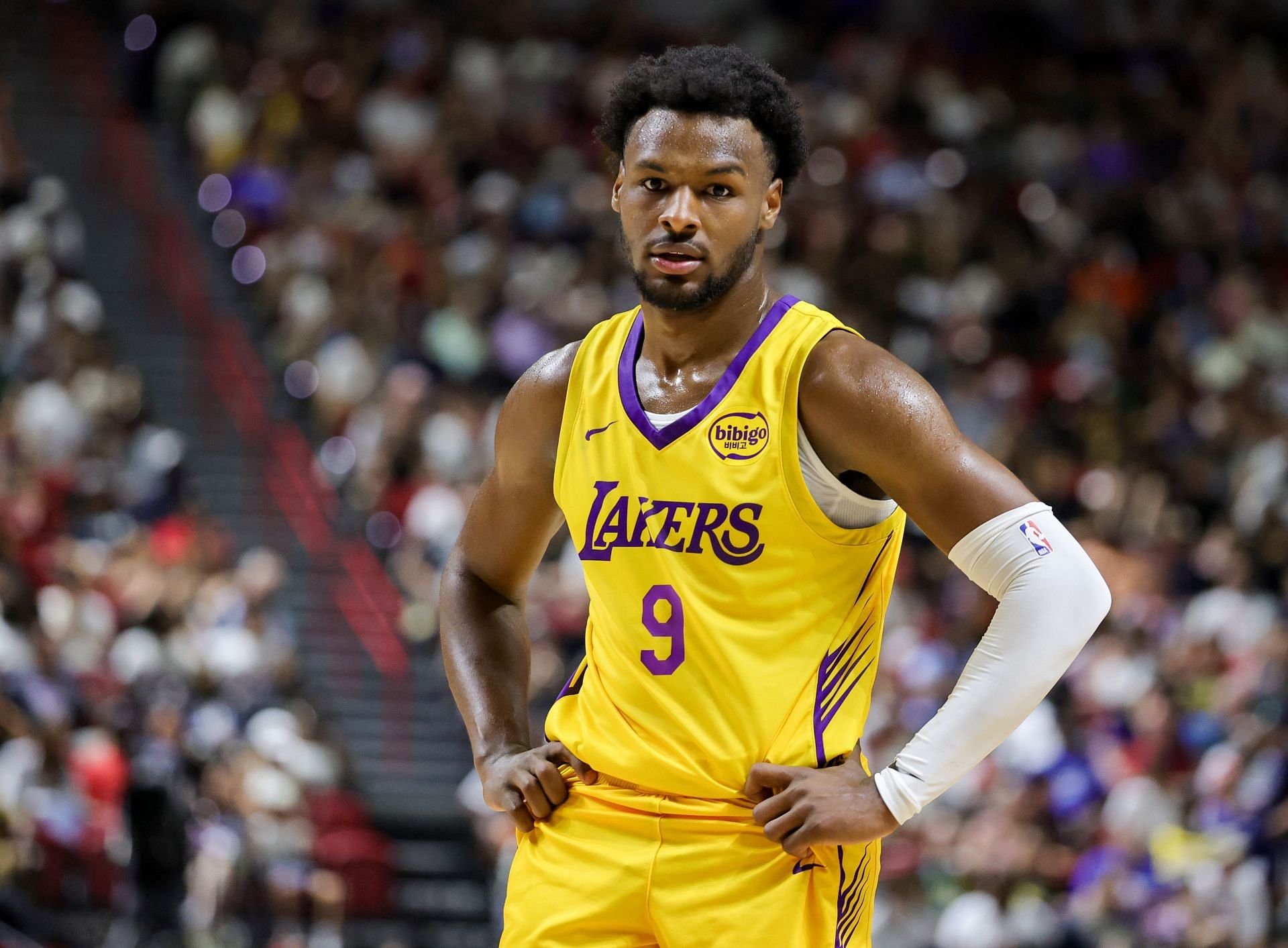 Bronny James #9 of the Los Angeles Lakers stands on the court during a break in the second half of a 2025 NBA Summer League game against the Dallas Mavericks (Source: Getty)